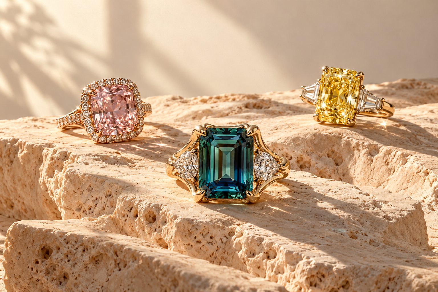 Pink diamond, yellow diamond and teal alexandrite rings on sunlit travertine